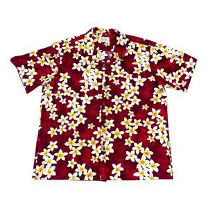 Royal Hawaiian Creations 2XL Red Aloha Shirt  White & Yellow Plumeria Flowers